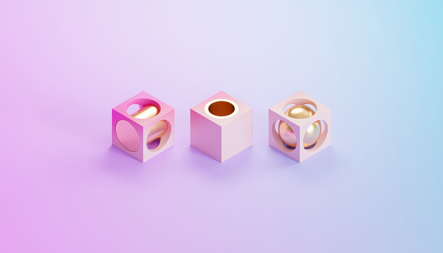 Pastel 3D cubes holding metallic spheres